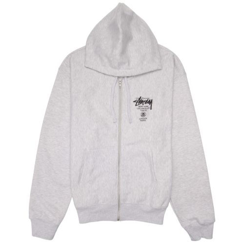Mens Stussy World Tour Zip Hoodie in Ash Heather Grey UK at SEIKK